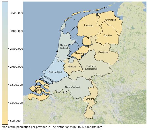 Map of The Netherlands with the population per province in 2023. This page shows a lot of information about residents (such as the distribution by age groups, family composition, gender, native or Dutch with an immigration background, ...), homes (numbers, types, price development, use, type of property, ...) and more (car ownership, energy consumption, ...) based on open data from the Dutch Central Bureau of Statistics and various other sources!