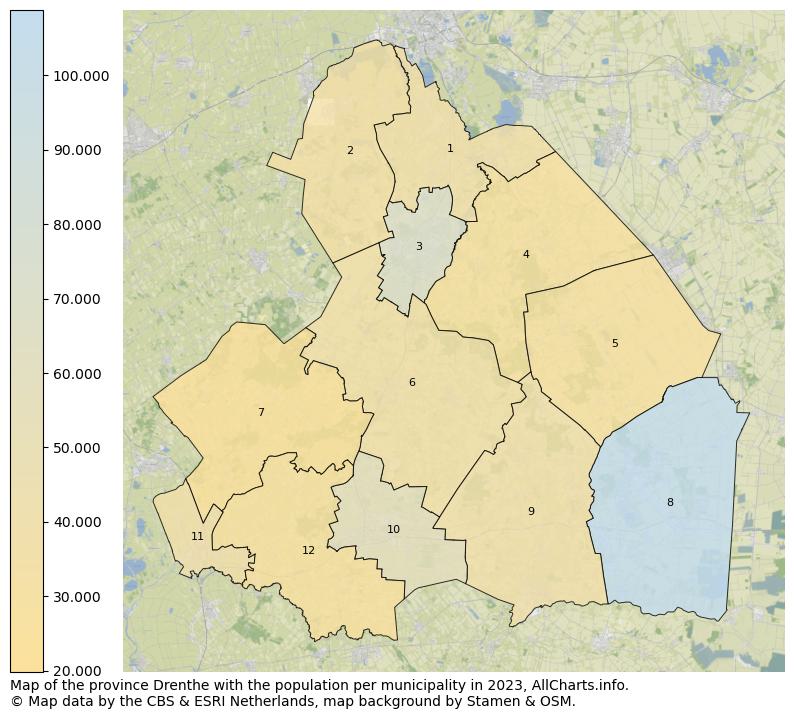 Map of the province Drenthe with the population per municipality in 2023. This page shows a lot of information about residents (such as the distribution by age groups, family composition, gender, native or Dutch with an immigration background, ...), homes (numbers, types, price development, use, type of property, ...) and more (car ownership, energy consumption, ...) based on open data from the Dutch Central Bureau of Statistics and various other sources!