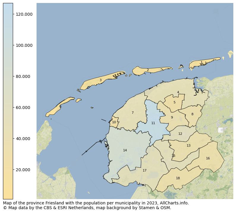 Map of the province Friesland with the population per municipality in 2023. This page shows a lot of information about residents (such as the distribution by age groups, family composition, gender, native or Dutch with an immigration background, ...), homes (numbers, types, price development, use, type of property, ...) and more (car ownership, energy consumption, ...) based on open data from the Dutch Central Bureau of Statistics and various other sources!