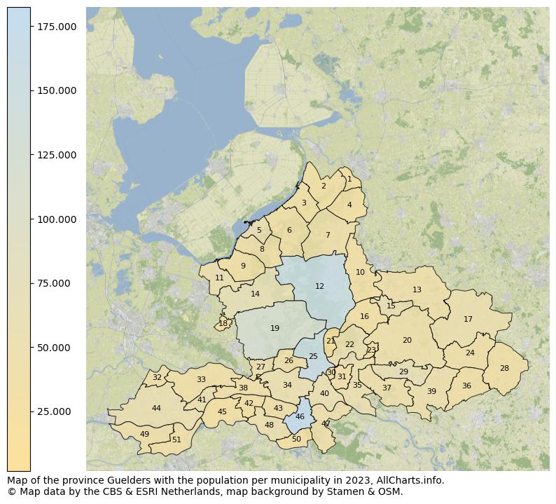 Map of the province Guelders with the population per municipality in 2023. This page shows a lot of information about residents (such as the distribution by age groups, family composition, gender, native or Dutch with an immigration background, ...), homes (numbers, types, price development, use, type of property, ...) and more (car ownership, energy consumption, ...) based on open data from the Dutch Central Bureau of Statistics and various other sources!