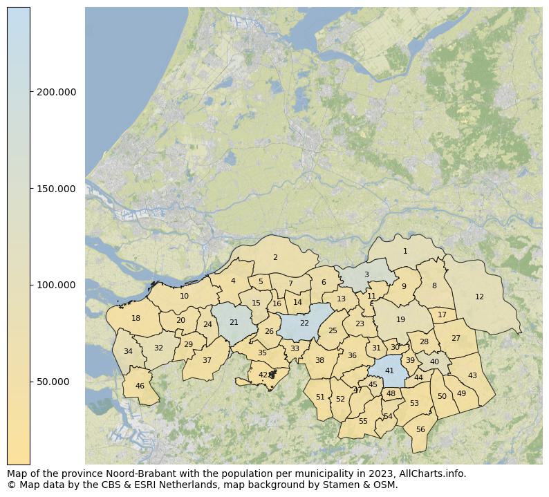Map of the province Noord-Brabant with the population per municipality in 2023. This page shows a lot of information about residents (such as the distribution by age groups, family composition, gender, native or Dutch with an immigration background, ...), homes (numbers, types, price development, use, type of property, ...) and more (car ownership, energy consumption, ...) based on open data from the Dutch Central Bureau of Statistics and various other sources!