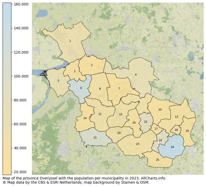 Map of the province Overijssel with the population per municipality in 2023. This page shows a lot of information about residents (such as the distribution by age groups, family composition, gender, native or Dutch with an immigration background, ...), homes (numbers, types, price development, use, type of property, ...) and more (car ownership, energy consumption, ...) based on open data from the Dutch Central Bureau of Statistics and various other sources!