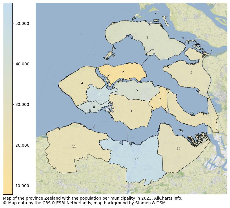Map of the province Zeeland with the population per municipality in 2023. This page shows a lot of information about residents (such as the distribution by age groups, family composition, gender, native or Dutch with an immigration background, ...), homes (numbers, types, price development, use, type of property, ...) and more (car ownership, energy consumption, ...) based on open data from the Dutch Central Bureau of Statistics and various other sources!