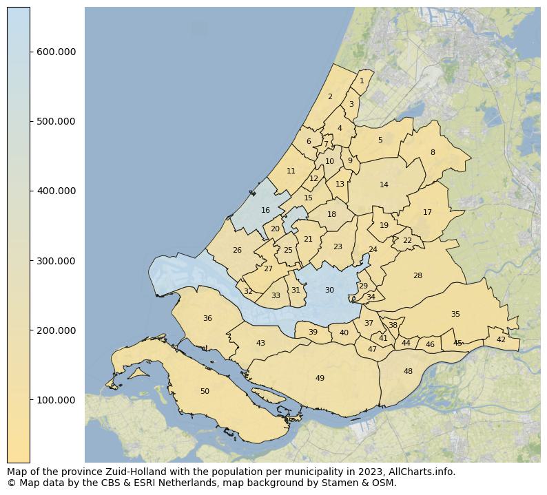 Map of the province Zuid-Holland with the population per municipality in 2023. This page shows a lot of information about residents (such as the distribution by age groups, family composition, gender, native or Dutch with an immigration background, ...), homes (numbers, types, price development, use, type of property, ...) and more (car ownership, energy consumption, ...) based on open data from the Dutch Central Bureau of Statistics and various other sources!