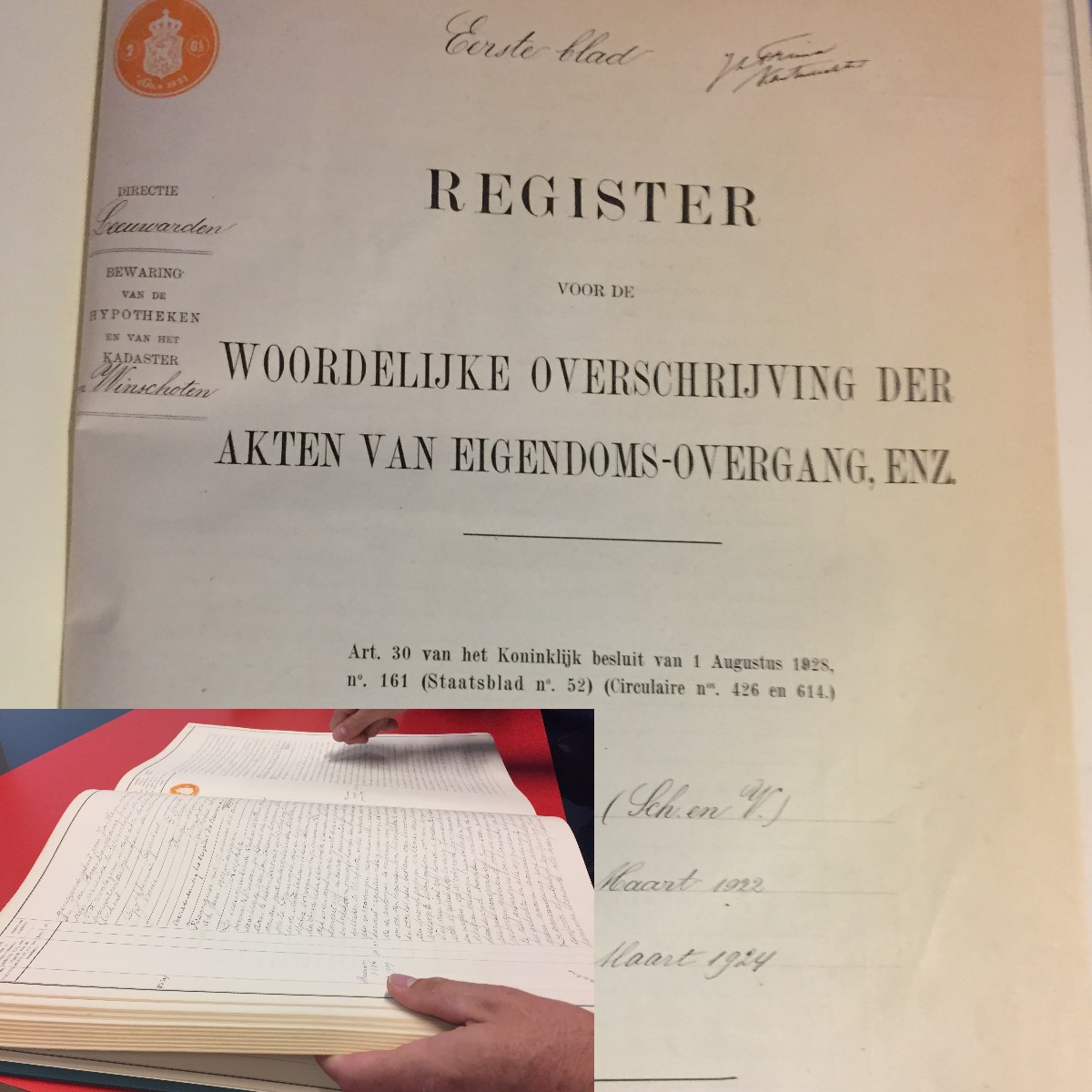 Picture of some very old physical archives (1922 in this case) at the Dutch Kadaster (land registry).
