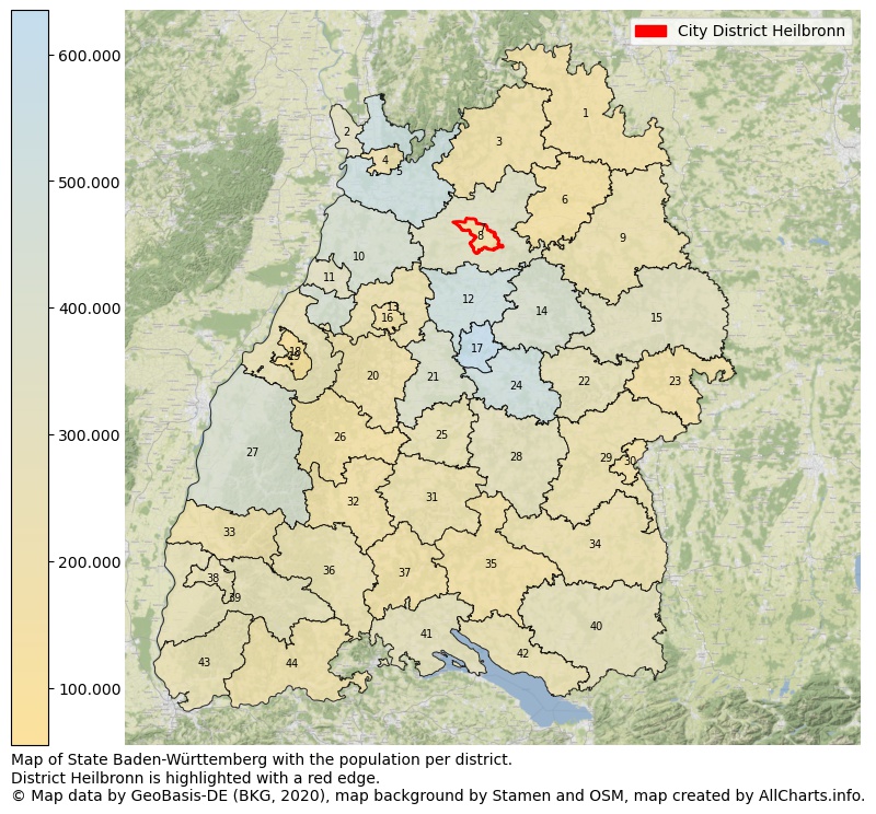 Map of State Baden-Württemberg with the population per district.District Heilbronn is highlighted with a red edge.. This page shows a lot of information about residents (such as the distribution by age groups, family composition, gender, native or German with an immigration background, ...), homes (numbers, types, price development, use, type of property, ...) and more (car ownership, energy consumption, ...) based on open data from the German Federal Agency for Cartography, the Federal Statistical Office (DESTATIS), the Regional Statistical Offices and various other sources!