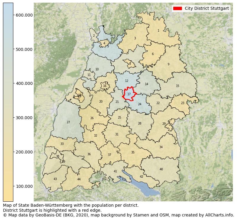 Map of State Baden-Württemberg with the population per district.District Stuttgart is highlighted with a red edge.. This page shows a lot of information about residents (such as the distribution by age groups, family composition, gender, native or German with an immigration background, ...), homes (numbers, types, price development, use, type of property, ...) and more (car ownership, energy consumption, ...) based on open data from the German Federal Agency for Cartography, the Federal Statistical Office (DESTATIS), the Regional Statistical Offices and various other sources!