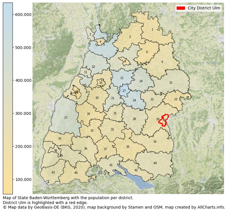 Map of State Baden-Württemberg with the population per district.District Ulm is highlighted with a red edge.. This page shows a lot of information about residents (such as the distribution by age groups, family composition, gender, native or German with an immigration background, ...), homes (numbers, types, price development, use, type of property, ...) and more (car ownership, energy consumption, ...) based on open data from the German Federal Agency for Cartography, the Federal Statistical Office (DESTATIS), the Regional Statistical Offices and various other sources!