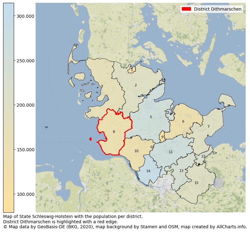 Map of State Schleswig-Holstein with the population per district.District Dithmarschen is highlighted with a red edge.. This page shows a lot of information about residents (such as the distribution by age groups, family composition, gender, native or German with an immigration background, ...), homes (numbers, types, price development, use, type of property, ...) and more (car ownership, energy consumption, ...) based on open data from the German Federal Agency for Cartography, the Federal Statistical Office (DESTATIS), the Regional Statistical Offices and various other sources!