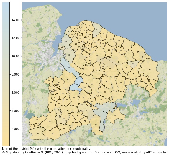 Map of the district Plön with the population per municipality.. This page shows a lot of information about residents (such as the distribution by age groups, family composition, gender, native or German with an immigration background, ...), homes (numbers, types, price development, use, type of property, ...) and more (car ownership, energy consumption, ...) based on open data from the German Federal Agency for Cartography, the Federal Statistical Office (DESTATIS), the Regional Statistical Offices and various other sources!