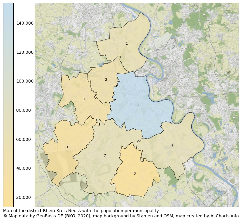 Map of the district Rhein-Kreis Neuss with the population per municipality.. This page shows a lot of information about residents (such as the distribution by age groups, family composition, gender, native or German with an immigration background, ...), homes (numbers, types, price development, use, type of property, ...) and more (car ownership, energy consumption, ...) based on open data from the German Federal Agency for Cartography, the Federal Statistical Office (DESTATIS), the Regional Statistical Offices and various other sources!