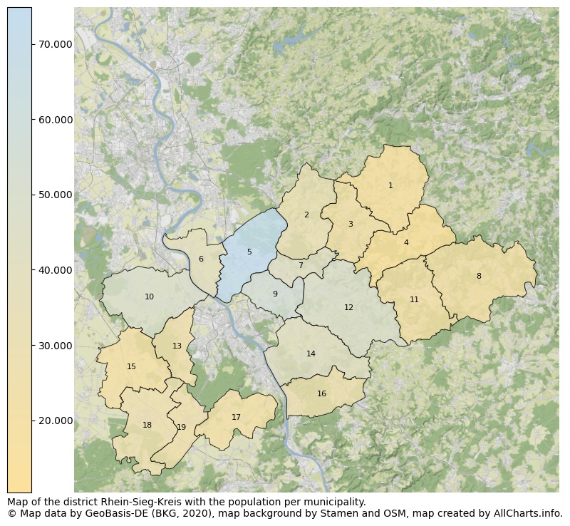 Map of the district Rhein-Sieg-Kreis with the population per municipality.. This page shows a lot of information about residents (such as the distribution by age groups, family composition, gender, native or German with an immigration background, ...), homes (numbers, types, price development, use, type of property, ...) and more (car ownership, energy consumption, ...) based on open data from the German Federal Agency for Cartography, the Federal Statistical Office (DESTATIS), the Regional Statistical Offices and various other sources!