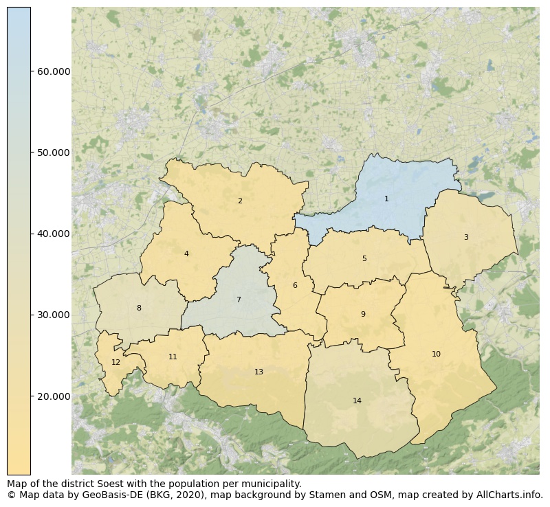 Map of the district Soest with the population per municipality.. This page shows a lot of information about residents (such as the distribution by age groups, family composition, gender, native or German with an immigration background, ...), homes (numbers, types, price development, use, type of property, ...) and more (car ownership, energy consumption, ...) based on open data from the German Federal Agency for Cartography, the Federal Statistical Office (DESTATIS), the Regional Statistical Offices and various other sources!