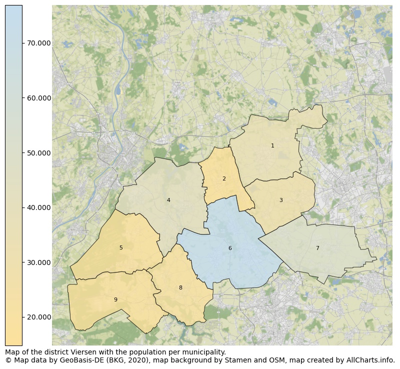 Map of the district Viersen with the population per municipality.. This page shows a lot of information about residents (such as the distribution by age groups, family composition, gender, native or German with an immigration background, ...), homes (numbers, types, price development, use, type of property, ...) and more (car ownership, energy consumption, ...) based on open data from the German Federal Agency for Cartography, the Federal Statistical Office (DESTATIS), the Regional Statistical Offices and various other sources!