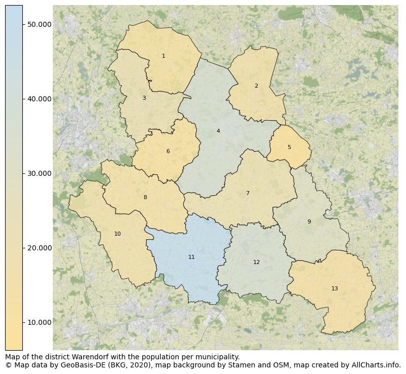 Map of the district Warendorf with the population per municipality.. This page shows a lot of information about residents (such as the distribution by age groups, family composition, gender, native or German with an immigration background, ...), homes (numbers, types, price development, use, type of property, ...) and more (car ownership, energy consumption, ...) based on open data from the German Federal Agency for Cartography, the Federal Statistical Office (DESTATIS), the Regional Statistical Offices and various other sources!