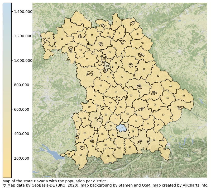 Map of the state Bavaria with the population per district.. This page shows a lot of information about residents (such as the distribution by age groups, family composition, gender, native or German with an immigration background, ...), homes (numbers, types, price development, use, type of property, ...) and more (car ownership, energy consumption, ...) based on open data from the German Federal Agency for Cartography, the Federal Statistical Office (DESTATIS), the Regional Statistical Offices and various other sources!