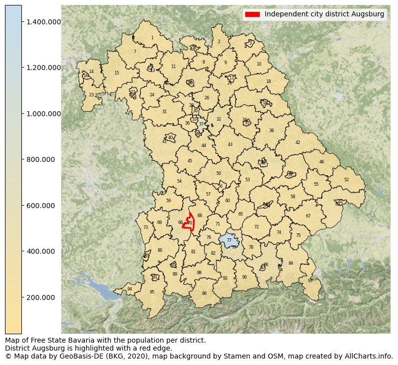 Map of Free state Bavaria with the population per district.District Augsburg is highlighted with a red edge.. This page shows a lot of information about residents (such as the distribution by age groups, family composition, gender, native or German with an immigration background, ...), homes (numbers, types, price development, use, type of property, ...) and more (car ownership, energy consumption, ...) based on open data from the German Federal Agency for Cartography, the Federal Statistical Office (DESTATIS), the Regional Statistical Offices and various other sources!