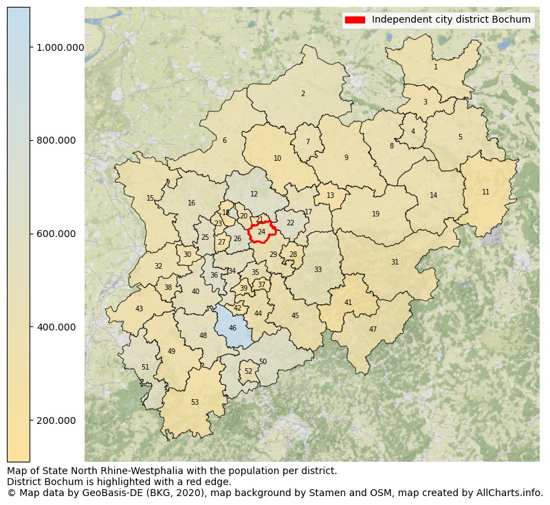 Map of State North Rhine-Westphalia with the population per district.District Bochum is highlighted with a red edge.. This page shows a lot of information about residents (such as the distribution by age groups, family composition, gender, native or German with an immigration background, ...), homes (numbers, types, price development, use, type of property, ...) and more (car ownership, energy consumption, ...) based on open data from the German Federal Agency for Cartography, the Federal Statistical Office (DESTATIS), the Regional Statistical Offices and various other sources!
