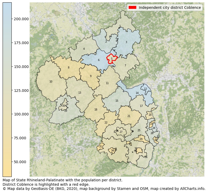Map of State Rhineland-Palatinate with the population per district.District Coblence is highlighted with a red edge.. This page shows a lot of information about residents (such as the distribution by age groups, family composition, gender, native or German with an immigration background, ...), homes (numbers, types, price development, use, type of property, ...) and more (car ownership, energy consumption, ...) based on open data from the German Federal Agency for Cartography, the Federal Statistical Office (DESTATIS), the Regional Statistical Offices and various other sources!