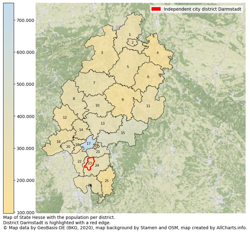 Map of State Hesse with the population per district.District Darmstadt is highlighted with a red edge.. This page shows a lot of information about residents (such as the distribution by age groups, family composition, gender, native or German with an immigration background, ...), homes (numbers, types, price development, use, type of property, ...) and more (car ownership, energy consumption, ...) based on open data from the German Federal Agency for Cartography, the Federal Statistical Office (DESTATIS), the Regional Statistical Offices and various other sources!