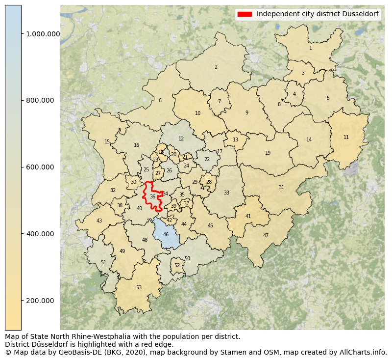 Map of State North Rhine-Westphalia with the population per district.District Düsseldorf is highlighted with a red edge.. This page shows a lot of information about residents (such as the distribution by age groups, family composition, gender, native or German with an immigration background, ...), homes (numbers, types, price development, use, type of property, ...) and more (car ownership, energy consumption, ...) based on open data from the German Federal Agency for Cartography, the Federal Statistical Office (DESTATIS), the Regional Statistical Offices and various other sources!