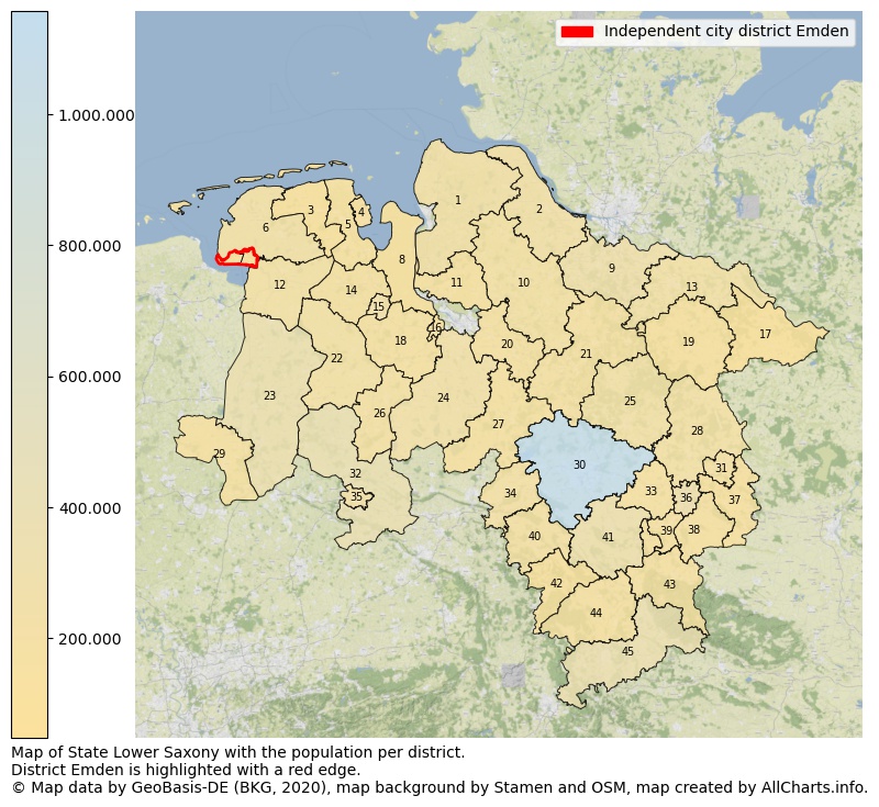 Map of State Lower Saxony with the population per district.District Emden is highlighted with a red edge.. This page shows a lot of information about residents (such as the distribution by age groups, family composition, gender, native or German with an immigration background, ...), homes (numbers, types, price development, use, type of property, ...) and more (car ownership, energy consumption, ...) based on open data from the German Federal Agency for Cartography, the Federal Statistical Office (DESTATIS), the Regional Statistical Offices and various other sources!