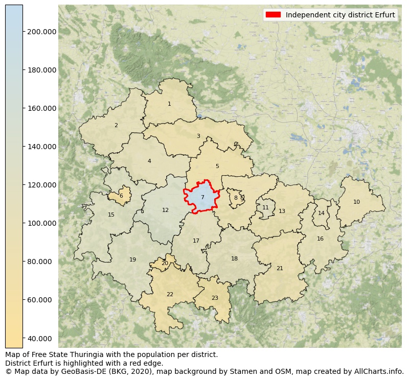 Map of Free state Thuringia with the population per district.District Erfurt is highlighted with a red edge.. This page shows a lot of information about residents (such as the distribution by age groups, family composition, gender, native or German with an immigration background, ...), homes (numbers, types, price development, use, type of property, ...) and more (car ownership, energy consumption, ...) based on open data from the German Federal Agency for Cartography, the Federal Statistical Office (DESTATIS), the Regional Statistical Offices and various other sources!