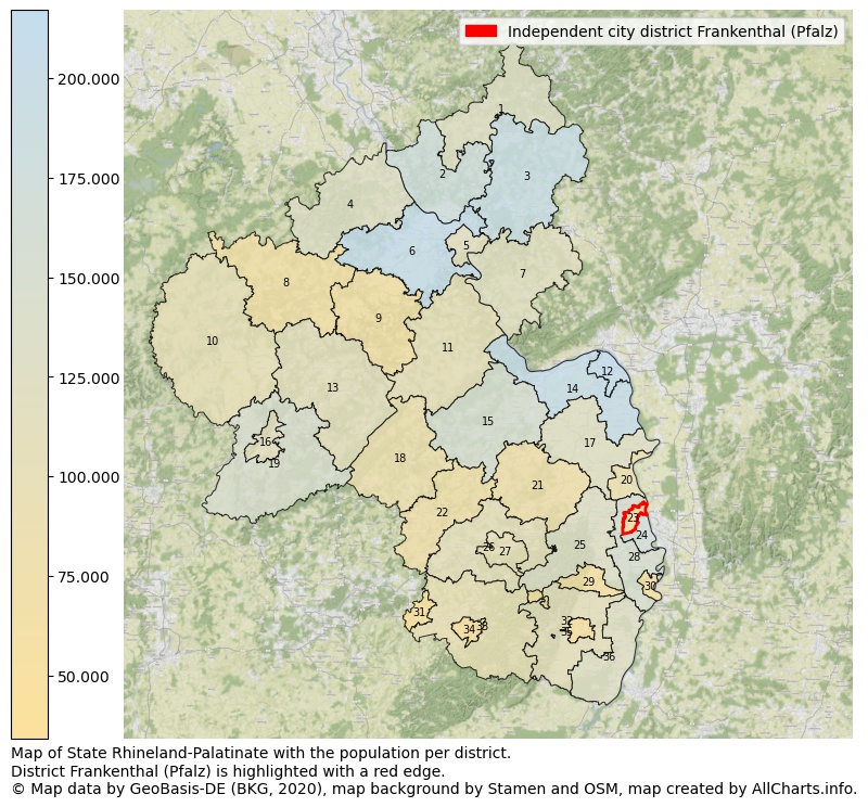 Map of State Rhineland-Palatinate with the population per district.District Frankenthal (Pfalz) is highlighted with a red edge.. This page shows a lot of information about residents (such as the distribution by age groups, family composition, gender, native or German with an immigration background, ...), homes (numbers, types, price development, use, type of property, ...) and more (car ownership, energy consumption, ...) based on open data from the German Federal Agency for Cartography, the Federal Statistical Office (DESTATIS), the Regional Statistical Offices and various other sources!