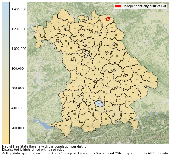 Map of Free state Bavaria with the population per district.District Hof is highlighted with a red edge.. This page shows a lot of information about residents (such as the distribution by age groups, family composition, gender, native or German with an immigration background, ...), homes (numbers, types, price development, use, type of property, ...) and more (car ownership, energy consumption, ...) based on open data from the German Federal Agency for Cartography, the Federal Statistical Office (DESTATIS), the Regional Statistical Offices and various other sources!