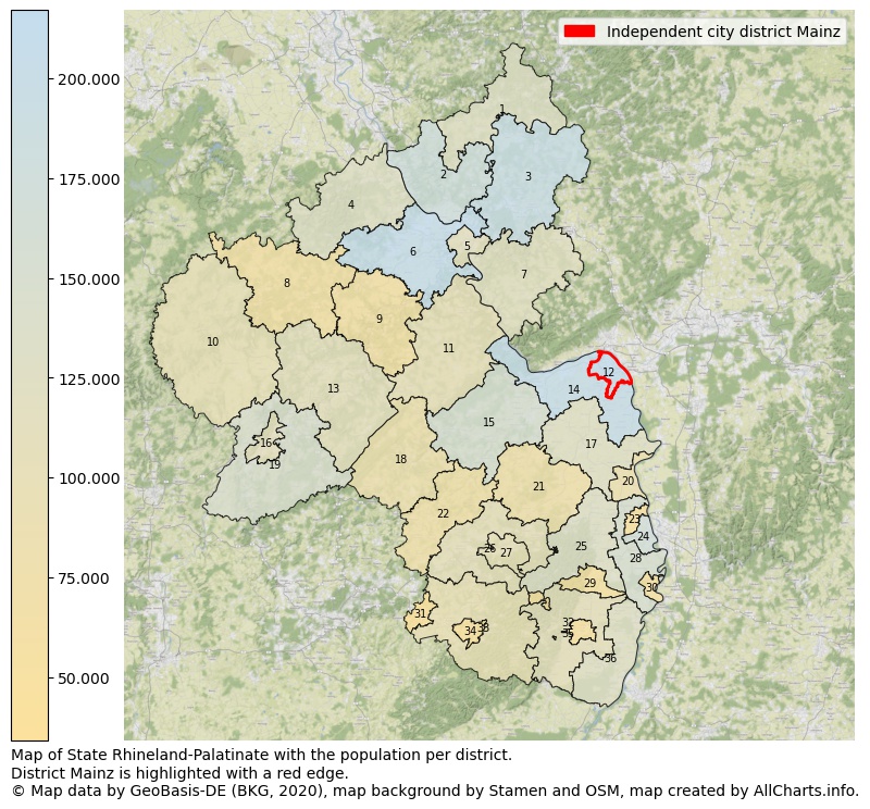 Map of State Rhineland-Palatinate with the population per district.District Mainz is highlighted with a red edge.. This page shows a lot of information about residents (such as the distribution by age groups, family composition, gender, native or German with an immigration background, ...), homes (numbers, types, price development, use, type of property, ...) and more (car ownership, energy consumption, ...) based on open data from the German Federal Agency for Cartography, the Federal Statistical Office (DESTATIS), the Regional Statistical Offices and various other sources!