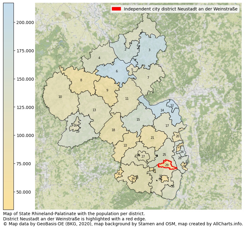 Map of State Rhineland-Palatinate with the population per district.District Neustadt an der Weinstraße is highlighted with a red edge.. This page shows a lot of information about residents (such as the distribution by age groups, family composition, gender, native or German with an immigration background, ...), homes (numbers, types, price development, use, type of property, ...) and more (car ownership, energy consumption, ...) based on open data from the German Federal Agency for Cartography, the Federal Statistical Office (DESTATIS), the Regional Statistical Offices and various other sources!