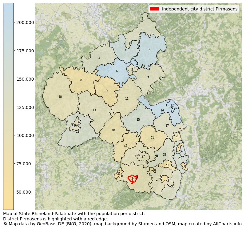 Map of State Rhineland-Palatinate with the population per district.District Pirmasens is highlighted with a red edge.. This page shows a lot of information about residents (such as the distribution by age groups, family composition, gender, native or German with an immigration background, ...), homes (numbers, types, price development, use, type of property, ...) and more (car ownership, energy consumption, ...) based on open data from the German Federal Agency for Cartography, the Federal Statistical Office (DESTATIS), the Regional Statistical Offices and various other sources!
