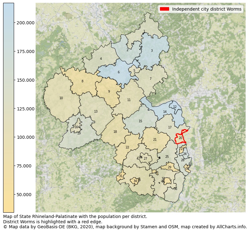 Map of State Rhineland-Palatinate with the population per district.District Worms is highlighted with a red edge.. This page shows a lot of information about residents (such as the distribution by age groups, family composition, gender, native or German with an immigration background, ...), homes (numbers, types, price development, use, type of property, ...) and more (car ownership, energy consumption, ...) based on open data from the German Federal Agency for Cartography, the Federal Statistical Office (DESTATIS), the Regional Statistical Offices and various other sources!