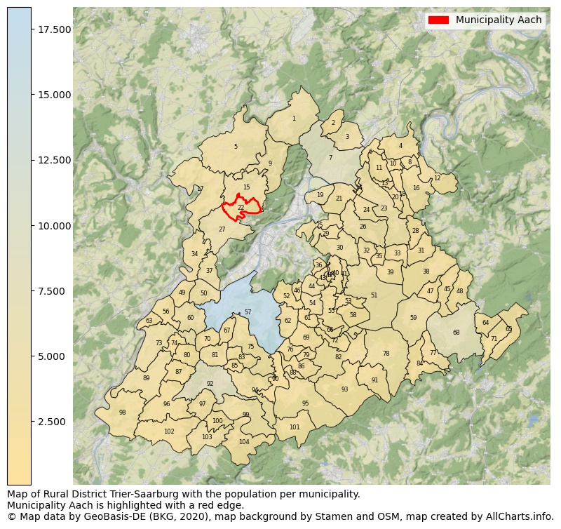 Map of Rural district Trier-Saarburg with the population per municipality.Municipality Aach is highlighted with a red edge.. This page shows a lot of information about residents (such as the distribution by age groups, family composition, gender, native or German with an immigration background, ...), homes (numbers, types, price development, use, type of property, ...) and more (car ownership, energy consumption, ...) based on open data from the German Federal Agency for Cartography, the Federal Statistical Office (DESTATIS), the Regional Statistical Offices and various other sources!