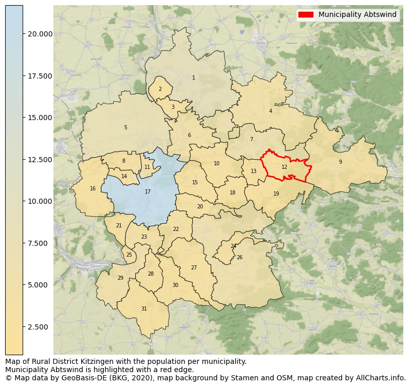 Map of Rural district Kitzingen with the population per municipality.Municipality Abtswind is highlighted with a red edge.. This page shows a lot of information about residents (such as the distribution by age groups, family composition, gender, native or German with an immigration background, ...), homes (numbers, types, price development, use, type of property, ...) and more (car ownership, energy consumption, ...) based on open data from the German Federal Agency for Cartography, the Federal Statistical Office (DESTATIS), the Regional Statistical Offices and various other sources!