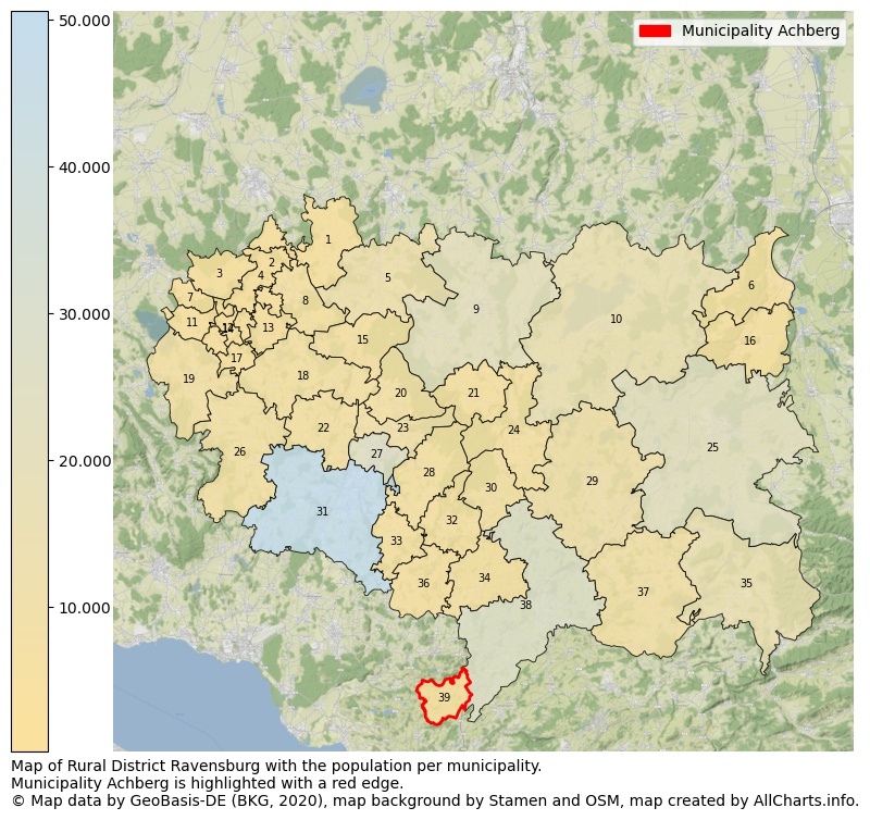 Map of Rural district Ravensburg with the population per municipality.Municipality Achberg is highlighted with a red edge.. This page shows a lot of information about residents (such as the distribution by age groups, family composition, gender, native or German with an immigration background, ...), homes (numbers, types, price development, use, type of property, ...) and more (car ownership, energy consumption, ...) based on open data from the German Federal Agency for Cartography, the Federal Statistical Office (DESTATIS), the Regional Statistical Offices and various other sources!