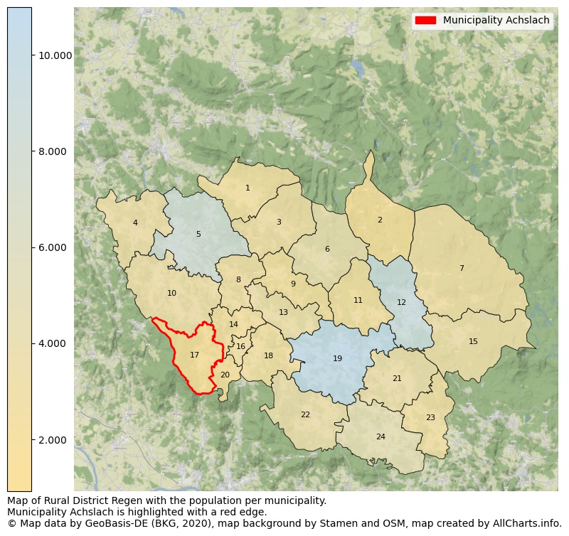 Map of Rural district Regen with the population per municipality.Municipality Achslach is highlighted with a red edge.. This page shows a lot of information about residents (such as the distribution by age groups, family composition, gender, native or German with an immigration background, ...), homes (numbers, types, price development, use, type of property, ...) and more (car ownership, energy consumption, ...) based on open data from the German Federal Agency for Cartography, the Federal Statistical Office (DESTATIS), the Regional Statistical Offices and various other sources!