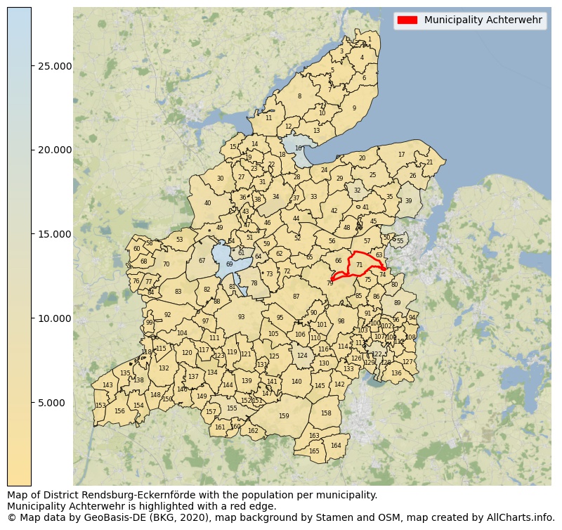 Map of District Rendsburg-Eckernförde with the population per municipality.Municipality Achterwehr is highlighted with a red edge.. This page shows a lot of information about residents (such as the distribution by age groups, family composition, gender, native or German with an immigration background, ...), homes (numbers, types, price development, use, type of property, ...) and more (car ownership, energy consumption, ...) based on open data from the German Federal Agency for Cartography, the Federal Statistical Office (DESTATIS), the Regional Statistical Offices and various other sources!