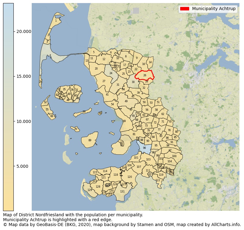 Map of District Nordfriesland with the population per municipality.Municipality Achtrup is highlighted with a red edge.. This page shows a lot of information about residents (such as the distribution by age groups, family composition, gender, native or German with an immigration background, ...), homes (numbers, types, price development, use, type of property, ...) and more (car ownership, energy consumption, ...) based on open data from the German Federal Agency for Cartography, the Federal Statistical Office (DESTATIS), the Regional Statistical Offices and various other sources!