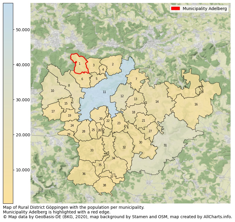 Map of Rural district Göppingen with the population per municipality.Municipality Adelberg is highlighted with a red edge.. This page shows a lot of information about residents (such as the distribution by age groups, family composition, gender, native or German with an immigration background, ...), homes (numbers, types, price development, use, type of property, ...) and more (car ownership, energy consumption, ...) based on open data from the German Federal Agency for Cartography, the Federal Statistical Office (DESTATIS), the Regional Statistical Offices and various other sources!