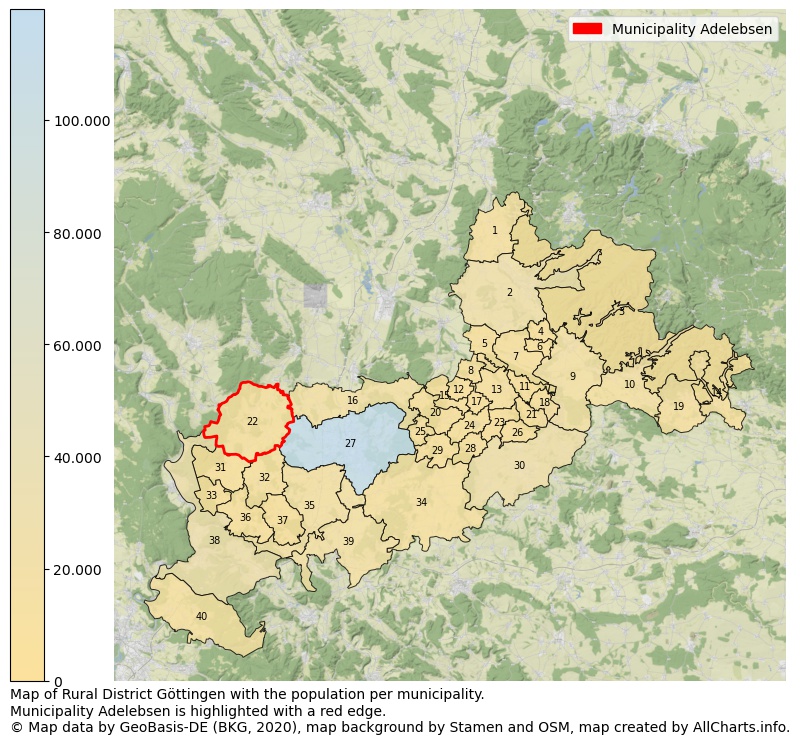 Map of Rural district Göttingen with the population per municipality.Municipality Adelebsen is highlighted with a red edge.. This page shows a lot of information about residents (such as the distribution by age groups, family composition, gender, native or German with an immigration background, ...), homes (numbers, types, price development, use, type of property, ...) and more (car ownership, energy consumption, ...) based on open data from the German Federal Agency for Cartography, the Federal Statistical Office (DESTATIS), the Regional Statistical Offices and various other sources!