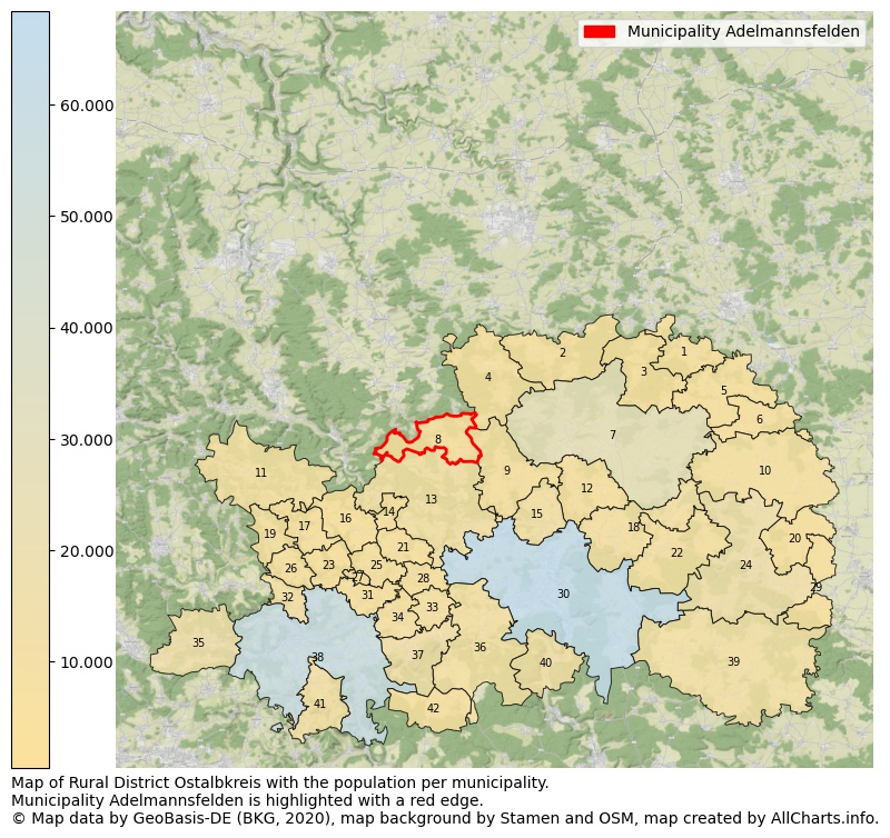 Map of Rural district Ostalbkreis with the population per municipality.Municipality Adelmannsfelden is highlighted with a red edge.. This page shows a lot of information about residents (such as the distribution by age groups, family composition, gender, native or German with an immigration background, ...), homes (numbers, types, price development, use, type of property, ...) and more (car ownership, energy consumption, ...) based on open data from the German Federal Agency for Cartography, the Federal Statistical Office (DESTATIS), the Regional Statistical Offices and various other sources!