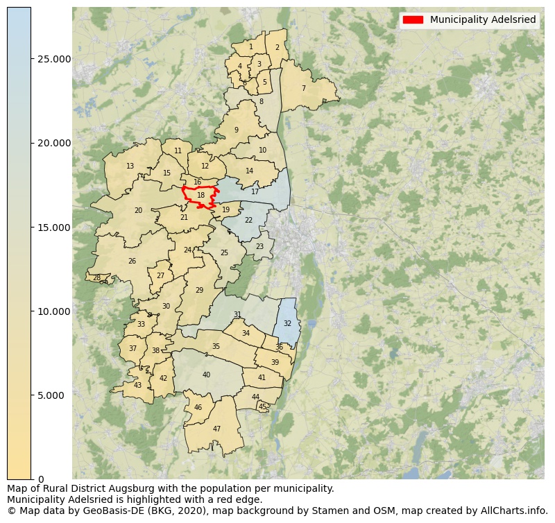 Map of Rural district Augsburg with the population per municipality.Municipality Adelsried is highlighted with a red edge.. This page shows a lot of information about residents (such as the distribution by age groups, family composition, gender, native or German with an immigration background, ...), homes (numbers, types, price development, use, type of property, ...) and more (car ownership, energy consumption, ...) based on open data from the German Federal Agency for Cartography, the Federal Statistical Office (DESTATIS), the Regional Statistical Offices and various other sources!