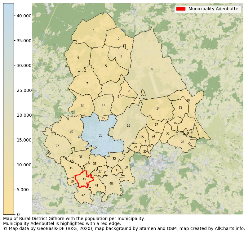 Map of Rural district Gifhorn with the population per municipality.Municipality Adenbüttel is highlighted with a red edge.. This page shows a lot of information about residents (such as the distribution by age groups, family composition, gender, native or German with an immigration background, ...), homes (numbers, types, price development, use, type of property, ...) and more (car ownership, energy consumption, ...) based on open data from the German Federal Agency for Cartography, the Federal Statistical Office (DESTATIS), the Regional Statistical Offices and various other sources!