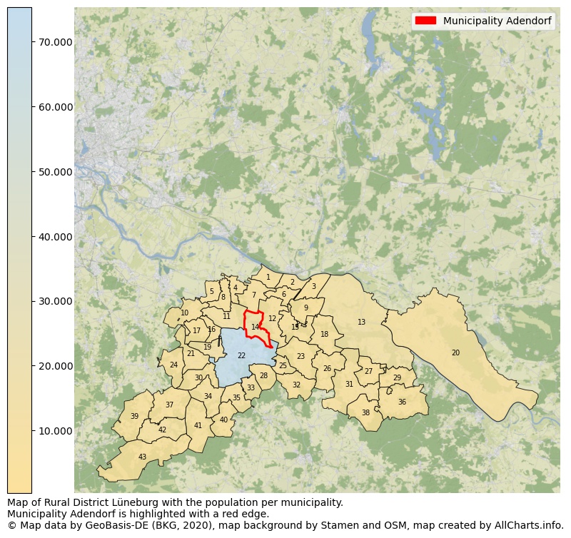 Map of Rural district Lüneburg with the population per municipality.Municipality Adendorf is highlighted with a red edge.. This page shows a lot of information about residents (such as the distribution by age groups, family composition, gender, native or German with an immigration background, ...), homes (numbers, types, price development, use, type of property, ...) and more (car ownership, energy consumption, ...) based on open data from the German Federal Agency for Cartography, the Federal Statistical Office (DESTATIS), the Regional Statistical Offices and various other sources!
