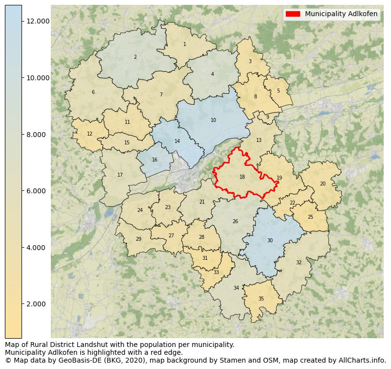 Map of Rural district Landshut with the population per municipality.Municipality Adlkofen is highlighted with a red edge.. This page shows a lot of information about residents (such as the distribution by age groups, family composition, gender, native or German with an immigration background, ...), homes (numbers, types, price development, use, type of property, ...) and more (car ownership, energy consumption, ...) based on open data from the German Federal Agency for Cartography, the Federal Statistical Office (DESTATIS), the Regional Statistical Offices and various other sources!