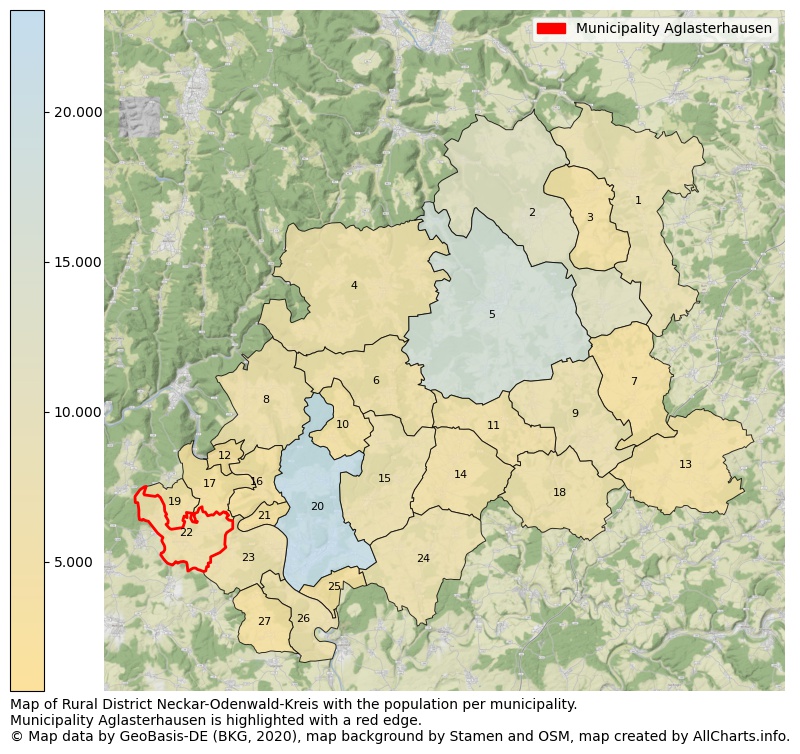 Map of Rural district Neckar-Odenwald-Kreis with the population per municipality.Municipality Aglasterhausen is highlighted with a red edge.. This page shows a lot of information about residents (such as the distribution by age groups, family composition, gender, native or German with an immigration background, ...), homes (numbers, types, price development, use, type of property, ...) and more (car ownership, energy consumption, ...) based on open data from the German Federal Agency for Cartography, the Federal Statistical Office (DESTATIS), the Regional Statistical Offices and various other sources!