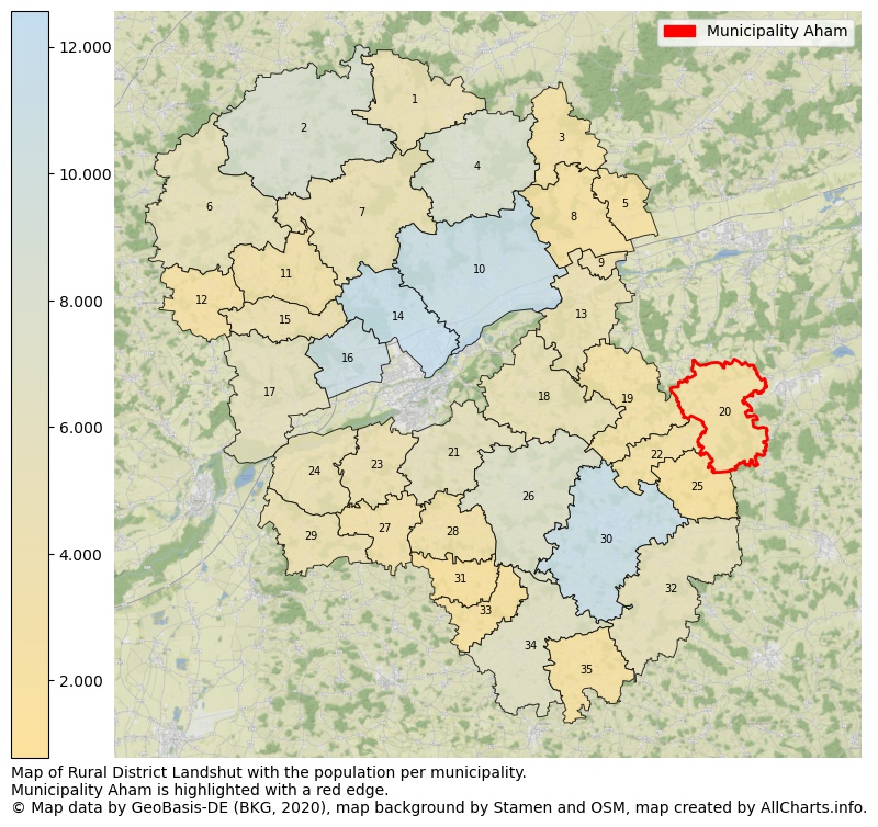 Map of Rural district Landshut with the population per municipality.Municipality Aham is highlighted with a red edge.. This page shows a lot of information about residents (such as the distribution by age groups, family composition, gender, native or German with an immigration background, ...), homes (numbers, types, price development, use, type of property, ...) and more (car ownership, energy consumption, ...) based on open data from the German Federal Agency for Cartography, the Federal Statistical Office (DESTATIS), the Regional Statistical Offices and various other sources!