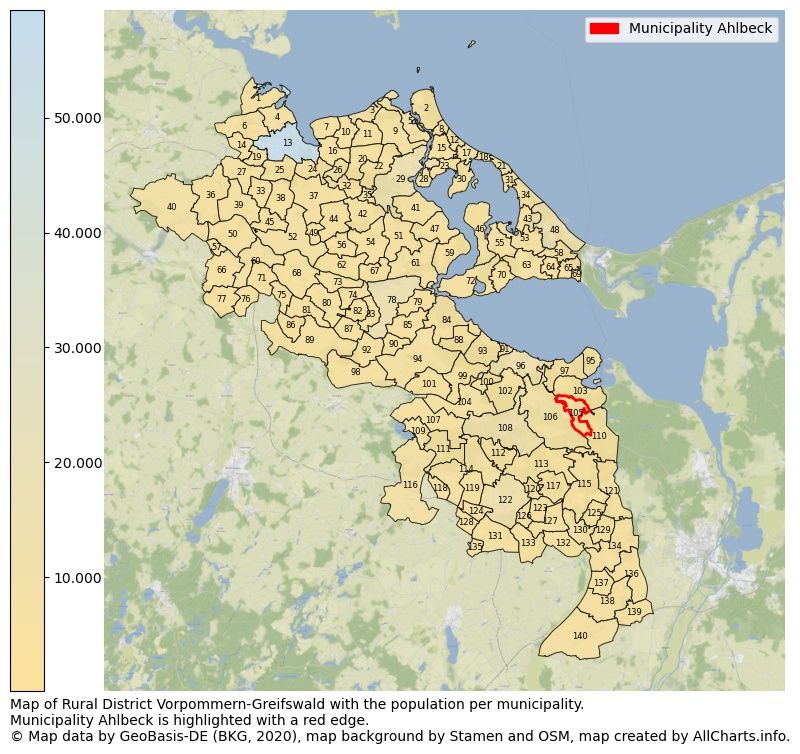 Map of Rural district Vorpommern-Greifswald with the population per municipality.Municipality Ahlbeck is highlighted with a red edge.. This page shows a lot of information about residents (such as the distribution by age groups, family composition, gender, native or German with an immigration background, ...), homes (numbers, types, price development, use, type of property, ...) and more (car ownership, energy consumption, ...) based on open data from the German Federal Agency for Cartography, the Federal Statistical Office (DESTATIS), the Regional Statistical Offices and various other sources!