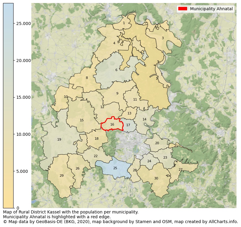 Map of Rural district Kassel with the population per municipality.Municipality Ahnatal is highlighted with a red edge.. This page shows a lot of information about residents (such as the distribution by age groups, family composition, gender, native or German with an immigration background, ...), homes (numbers, types, price development, use, type of property, ...) and more (car ownership, energy consumption, ...) based on open data from the German Federal Agency for Cartography, the Federal Statistical Office (DESTATIS), the Regional Statistical Offices and various other sources!
